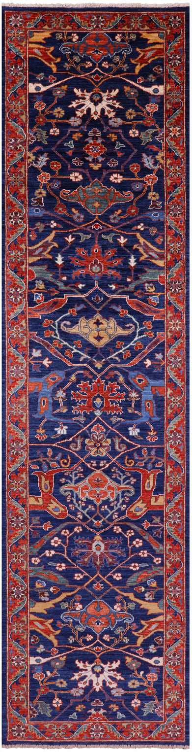 Blue Persian Fine Serapi Hand Knotted Wool Runner Rug - 2' 9" X 11' 7" - Golden Nile