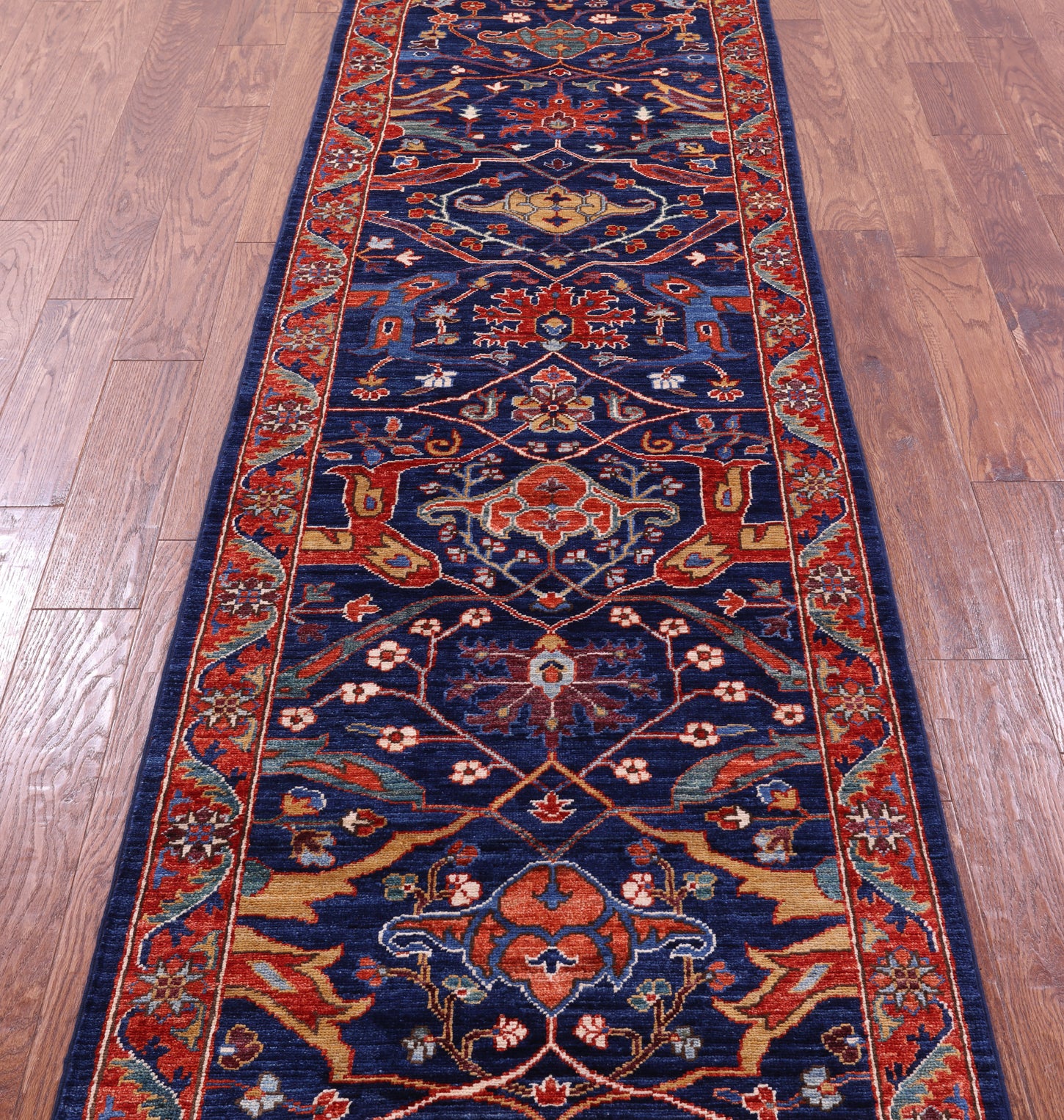 Blue Persian Fine Serapi Hand Knotted Wool Runner Rug - 2' 9" X 11' 7" - Golden Nile