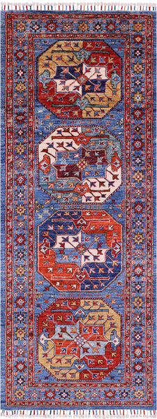 Blue Turkmen Ersari Hand Knotted Wool Runner Rug - 2' 7" X 6' 10" - Golden Nile