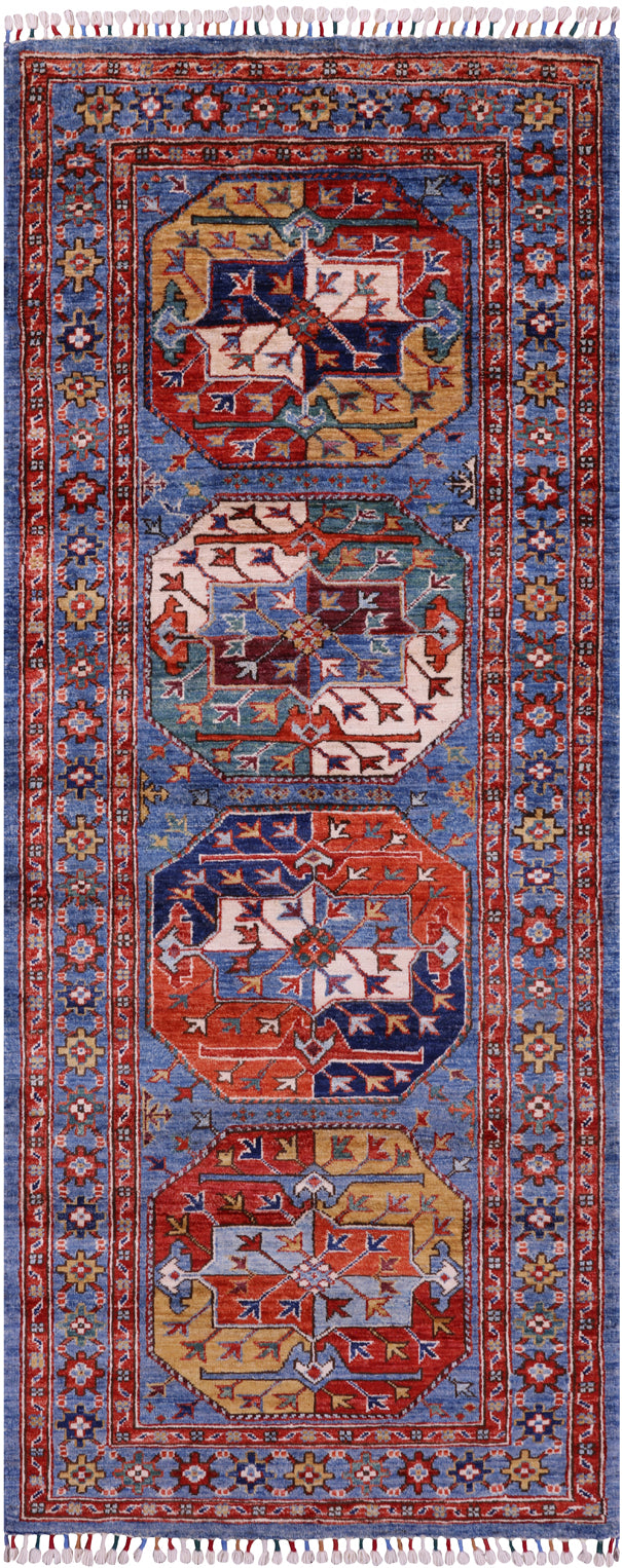Blue Turkmen Ersari Hand Knotted Wool Runner Rug - 2' 9" X 6' 9" - Golden Nile