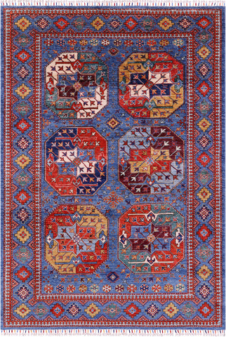 Blue Turkmen Ersari Hand Knotted Wool Rug - 4' 10