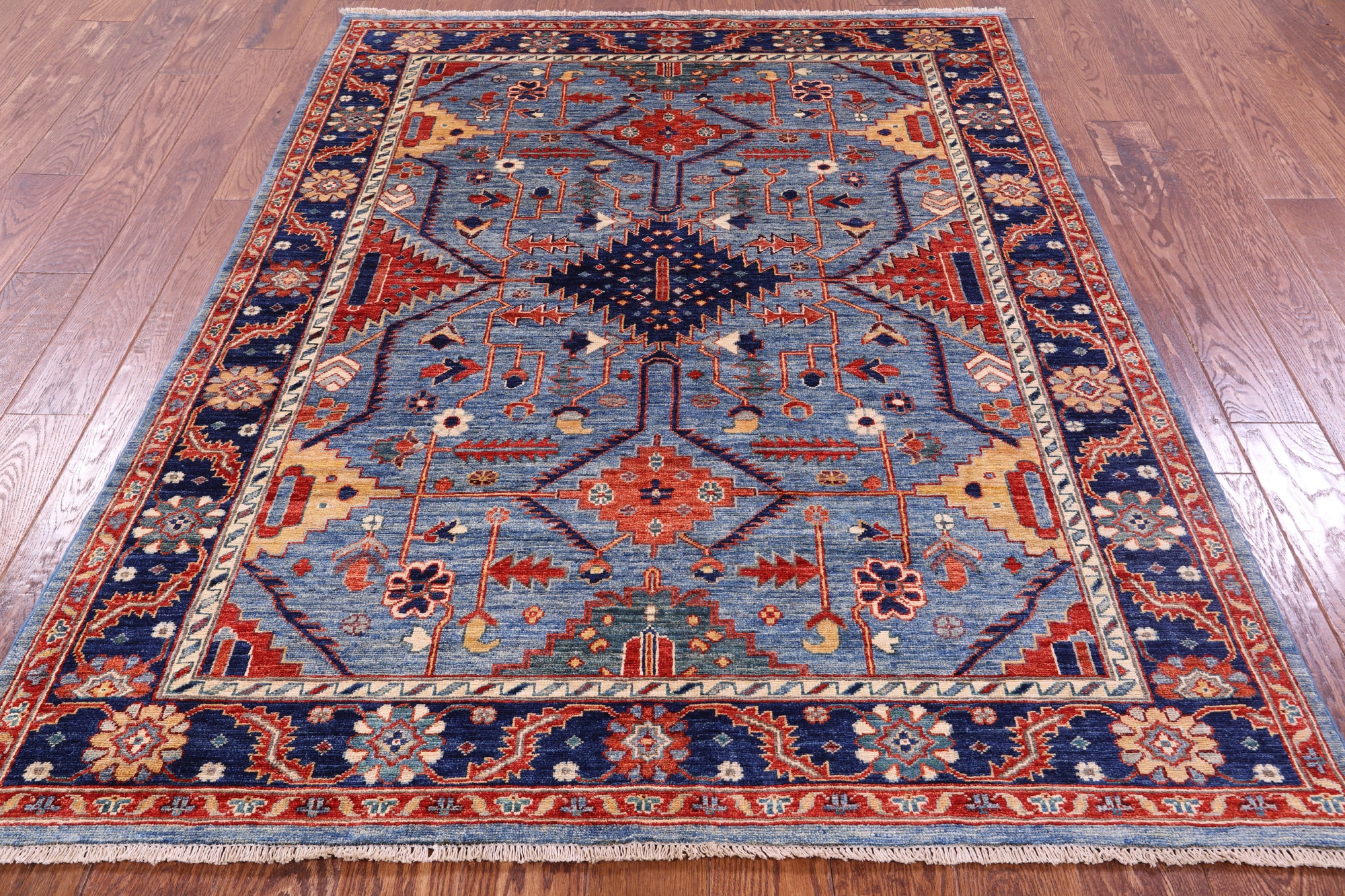 Blue Persian Fine Serapi Hand Knotted Wool Rug - 5' 0" X 6' 7" - Golden Nile