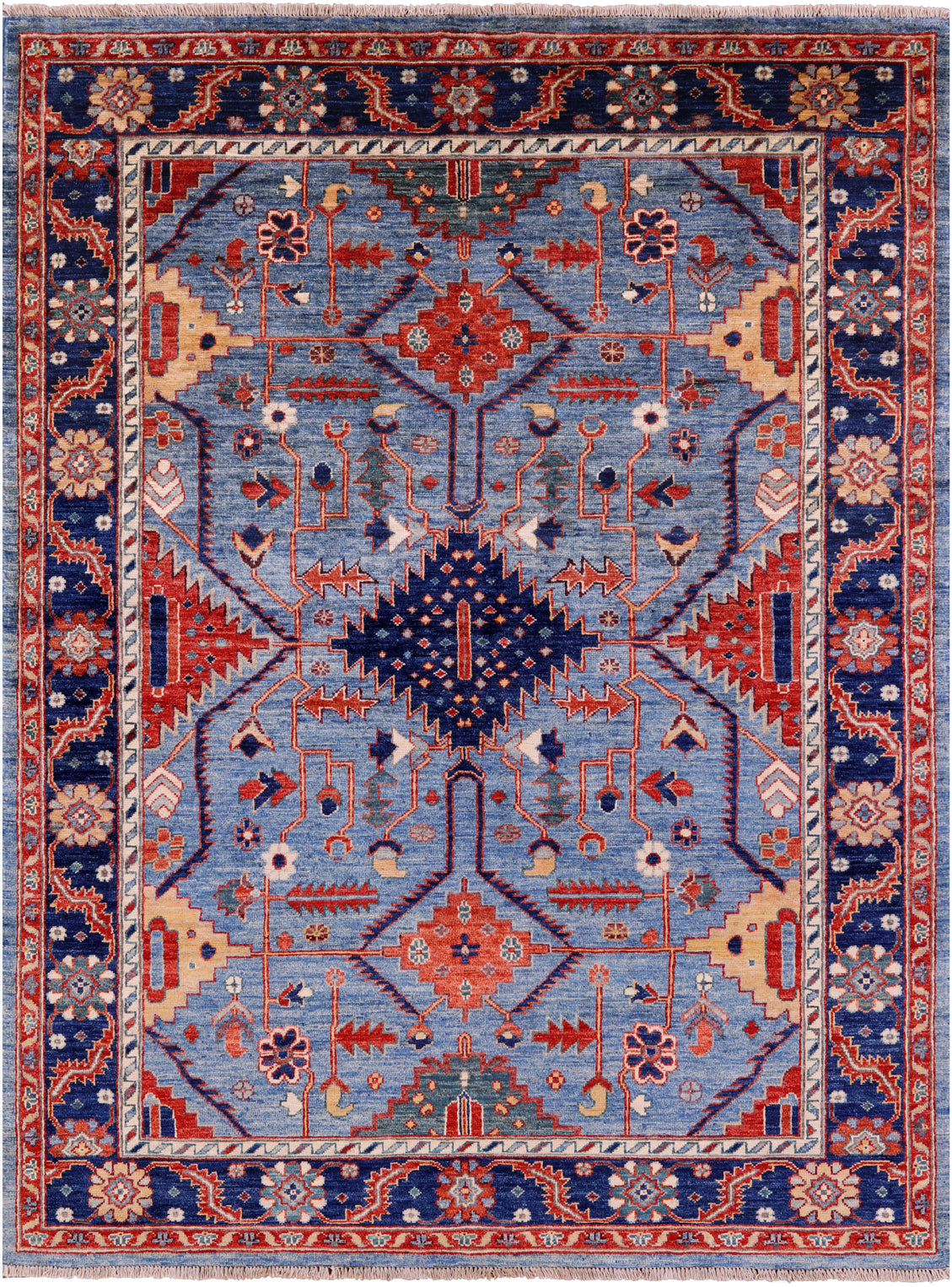 Blue Persian Fine Serapi Hand Knotted Wool Rug - 5' 0" X 6' 7" - Golden Nile