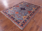 Blue Persian Fine Serapi Hand Knotted Wool Rug - 5' 0" X 6' 7" - Golden Nile
