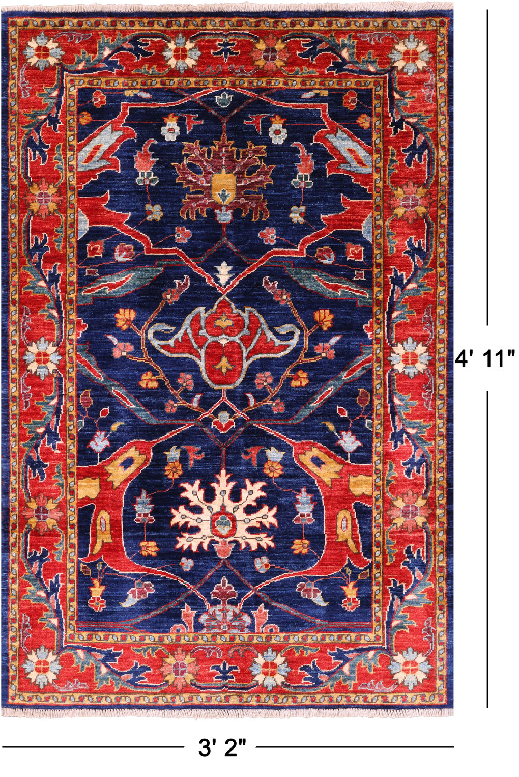 Blue Persian Fine Serapi Hand Knotted Wool Rug - 3' 2" X 4' 11" - Golden Nile