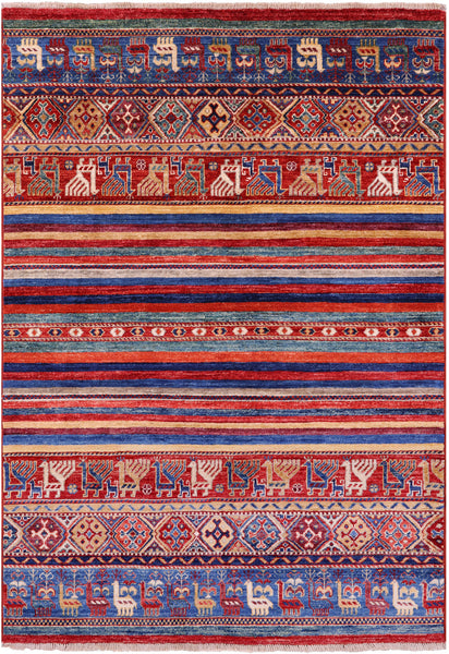 Tribal Persian Gabbeh Hand Knotted Wool Rug - 4' 0" X 5' 10" - Golden Nile