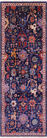 Blue Persian Fine Serapi Handmade Wool Runner Rug - 2' 8