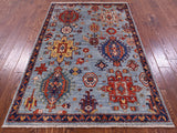 Blue Persian Fine Serapi Hand Knotted Wool Rug - 4' 0" X 6' 1" - Golden Nile