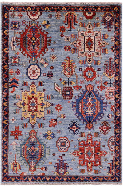 Blue Persian Fine Serapi Hand Knotted Wool Rug - 4' 0" X 6' 1" - Golden Nile