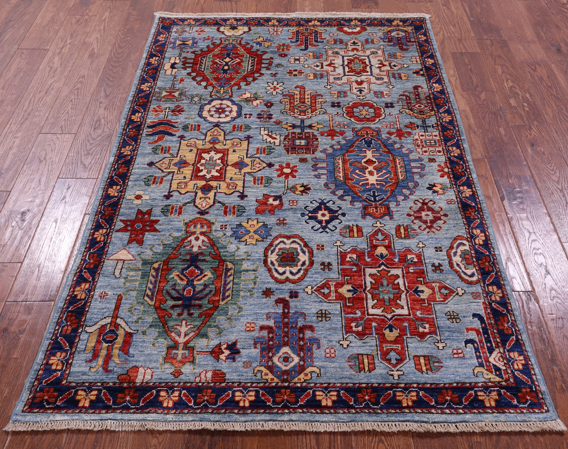 Blue Persian Fine Serapi Hand Knotted Wool Rug - 4' 0" X 6' 1" - Golden Nile