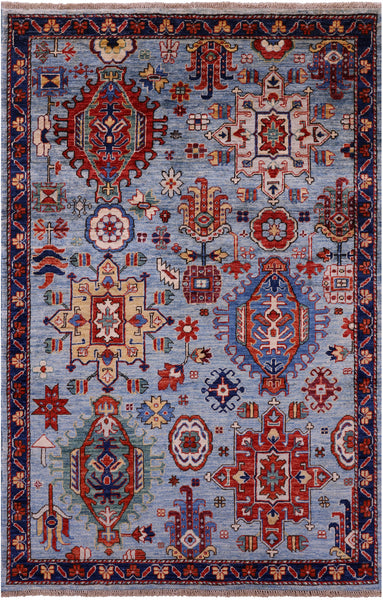 Blue Persian Fine Serapi Hand Knotted Wool Rug - 4' 0" X 6' 1" - Golden Nile