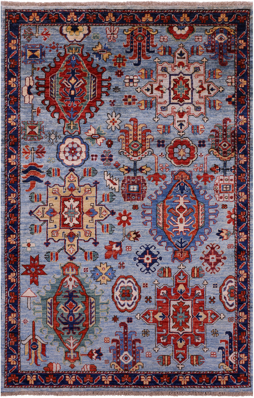 Blue Persian Fine Serapi Hand Knotted Wool Rug - 4' 0" X 6' 1" - Golden Nile