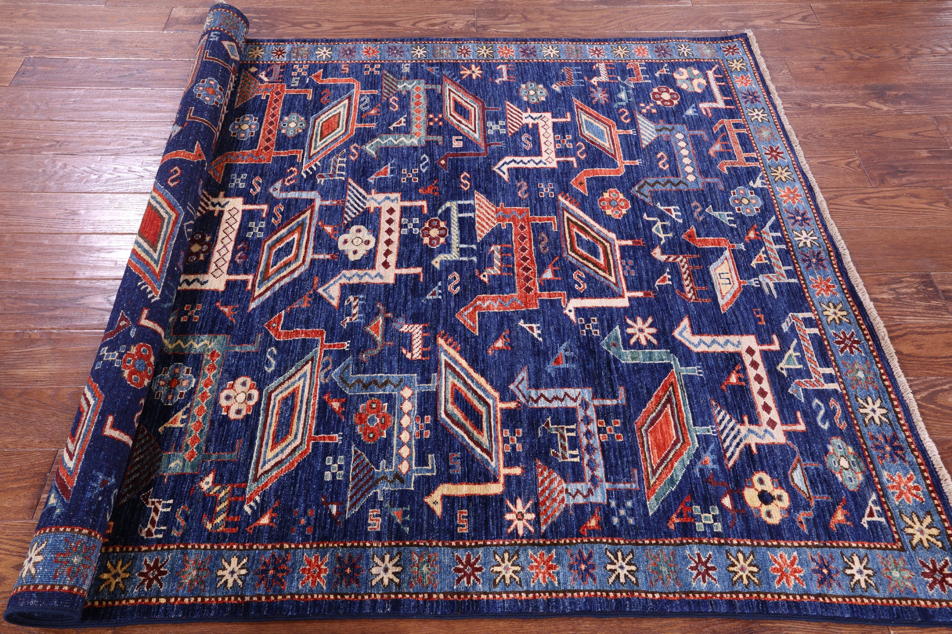 Blue Persian Fine Serapi Handmade Wool Rug - 5' 0" X 6' 10" - Golden Nile