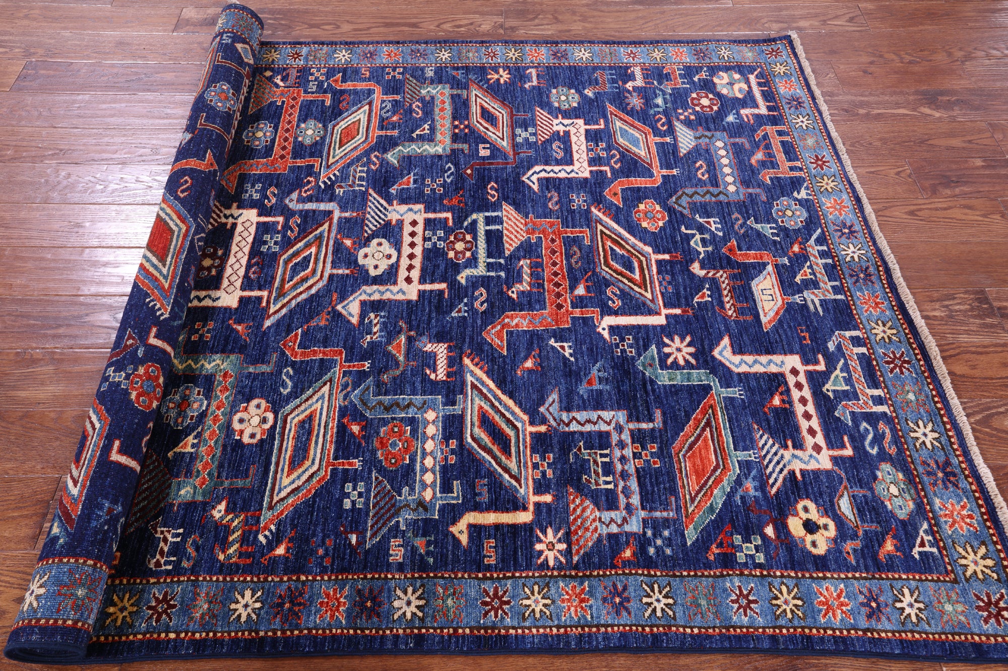Blue Persian Fine Serapi Handmade Wool Rug - 5' 0" X 6' 10" - Golden Nile