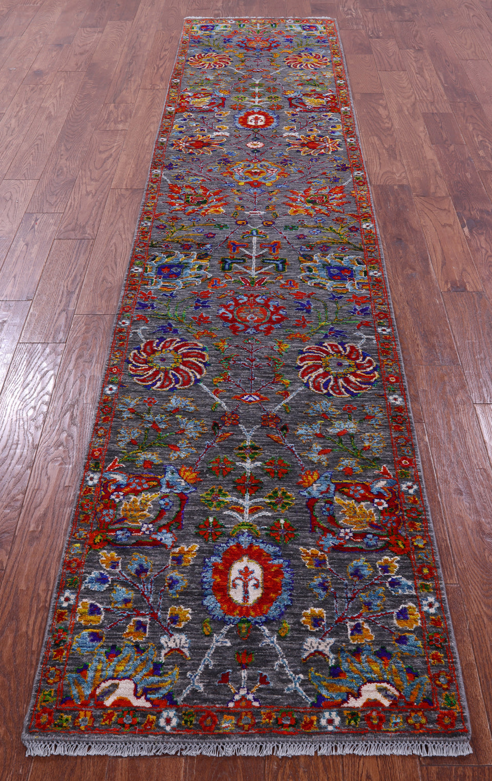 Grey Persian Tabriz Hand Knotted Wool & Silk Runner Rug - 2' 6" X 11' 7" - Golden Nile