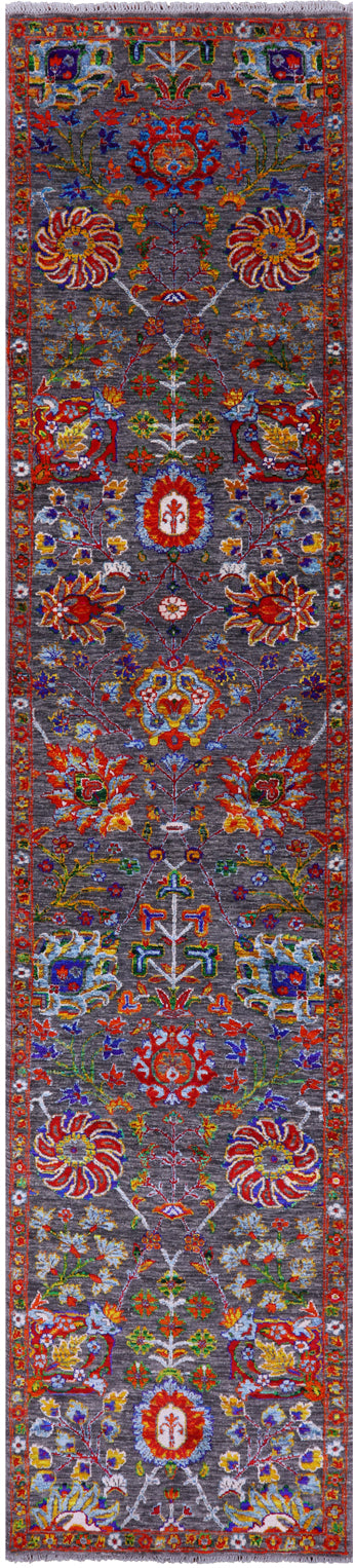 Grey Persian Tabriz Hand Knotted Wool & Silk Runner Rug - 2' 6" X 11' 7" - Golden Nile