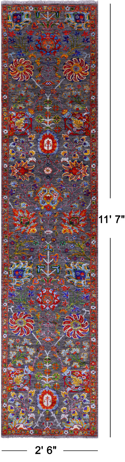 Grey Persian Tabriz Hand Knotted Wool & Silk Runner Rug - 2' 6" X 11' 7" - Golden Nile