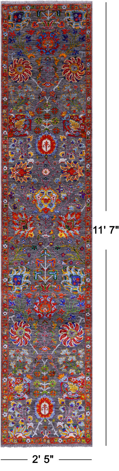 Grey Persian Tabriz Hand Knotted Wool & Silk Runner Rug - 2' 5" X 11' 7" - Golden Nile