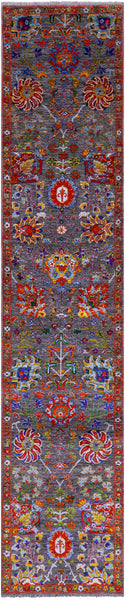 Grey Persian Tabriz Hand Knotted Wool & Silk Runner Rug - 2' 5" X 11' 7" - Golden Nile