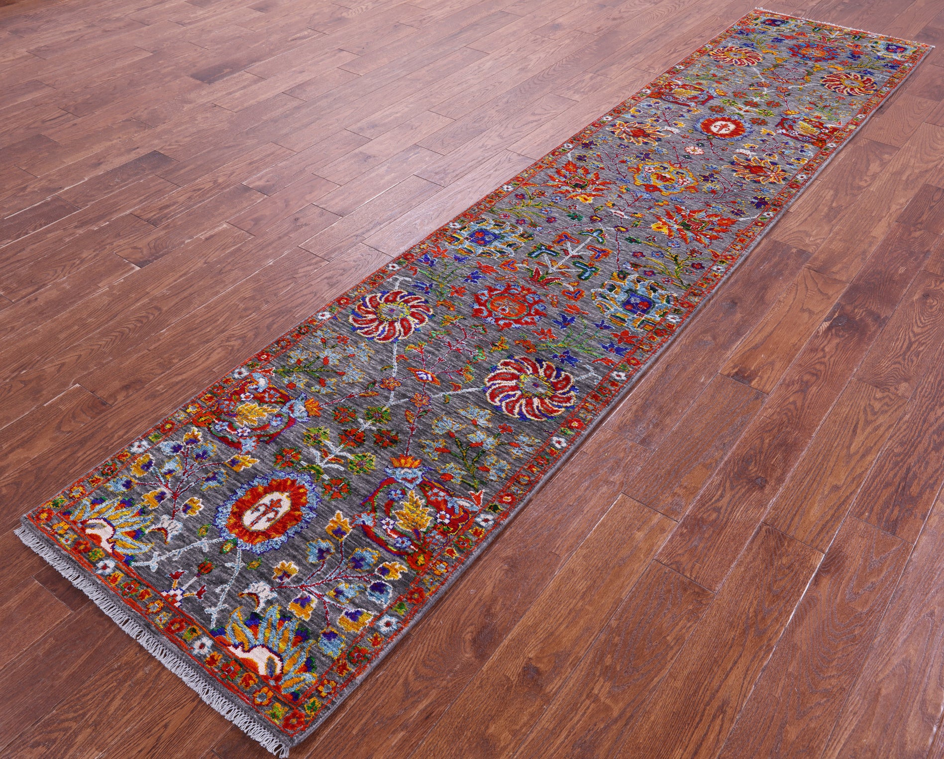 Grey Persian Tabriz Hand Knotted Wool & Silk Runner Rug - 2' 5" X 11' 7" - Golden Nile