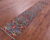 Grey Persian Tabriz Hand Knotted Wool & Silk Runner Rug - 2' 5" X 11' 7" - Golden Nile