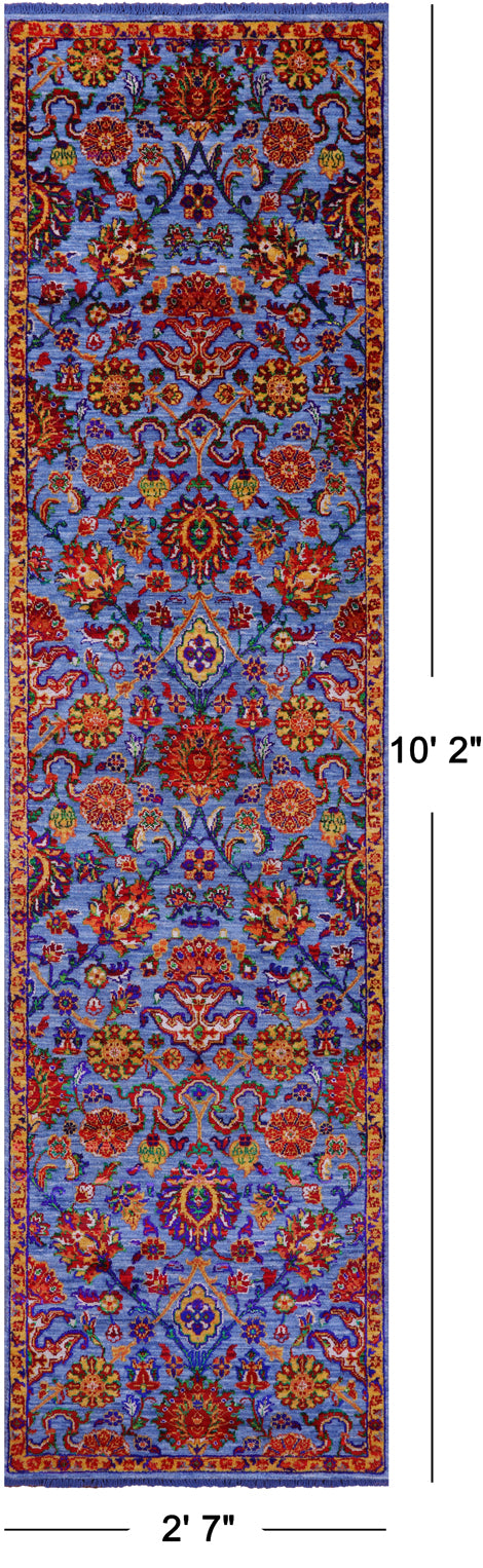 Blue Persian Tabriz Hand Knotted Wool & Silk Runner Rug - 2' 7" X 10' 2" - Golden Nile