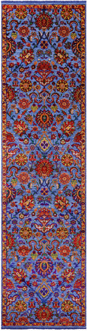 Blue Persian Tabriz Hand Knotted Wool & Silk Runner Rug - 2' 7
