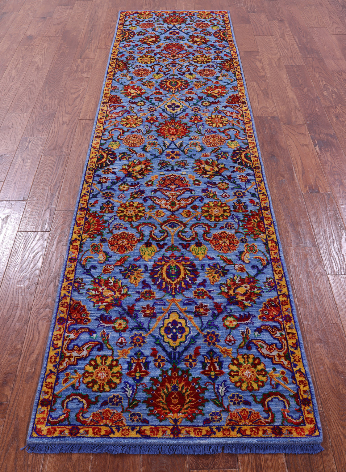 Blue Persian Tabriz Hand Knotted Wool & Silk Runner Rug - 2' 7" X 10' 2" - Golden Nile