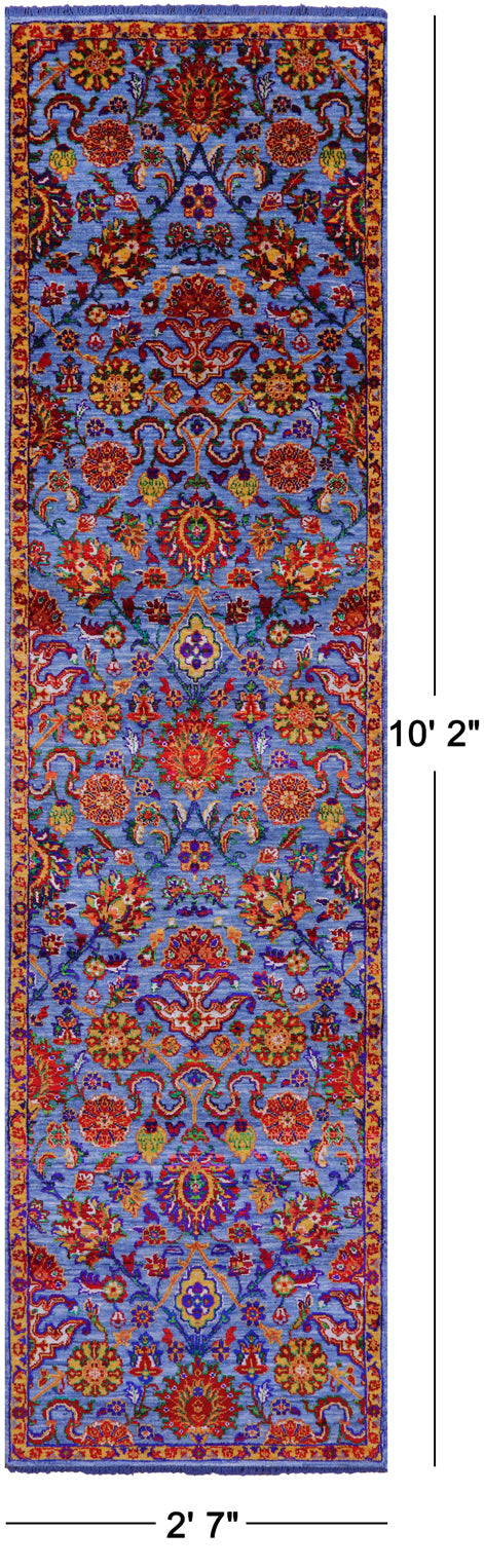 Blue Persian Tabriz Hand Knotted Wool & Silk Runner Rug - 2' 7" X 10' 2" - Golden Nile