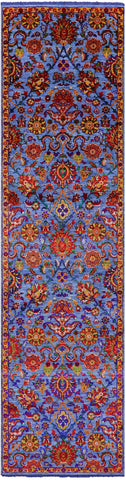 Blue Persian Tabriz Hand Knotted Wool & Silk Runner Rug - 2' 7