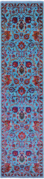 Blue Persian Tabriz Hand Knotted Wool & Silk Runner Rug - 2' 7" X 10' 10" - Golden Nile