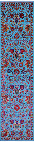 Blue Persian Tabriz Hand Knotted Wool & Silk Runner Rug - 2' 7