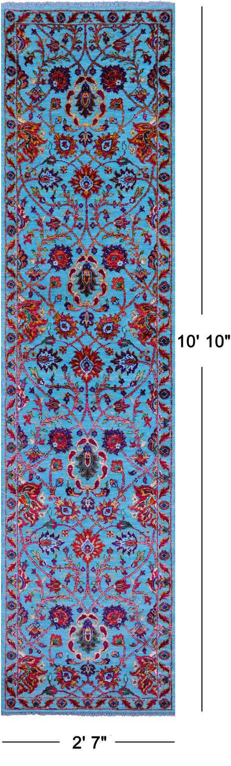 Blue Persian Tabriz Hand Knotted Wool & Silk Runner Rug - 2' 7" X 10' 10" - Golden Nile