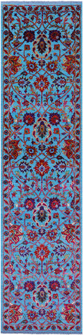 Blue Persian Tabriz Hand Knotted Wool & Silk Runner Rug - 2' 8