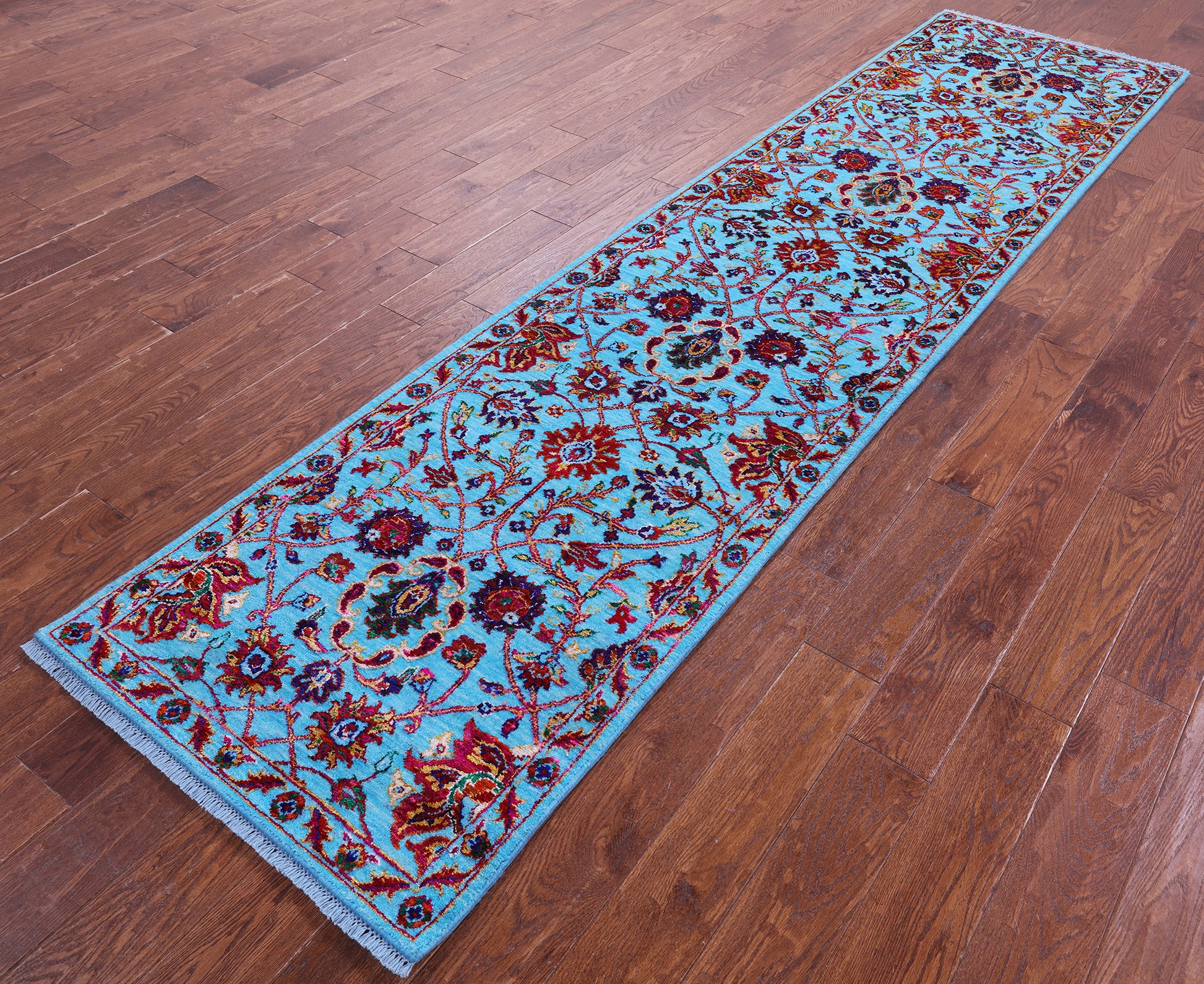 Blue Persian Tabriz Hand Knotted Wool & Silk Runner Rug - 2' 8" X 10' 10" - Golden Nile