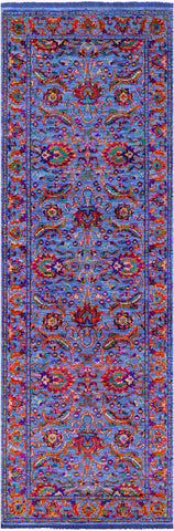 Blue Persian Tabriz Hand Knotted Wool & Silk Runner Rug - 2' 8