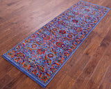 Blue Persian Tabriz Hand Knotted Wool & Silk Runner Rug - 2' 8" X 8' 0" - Golden Nile