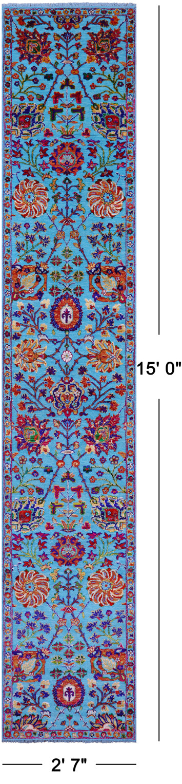 Blue Persian Tabriz Hand Knotted Wool & Silk Runner Rug - 2' 7" X 15' 0" - Golden Nile