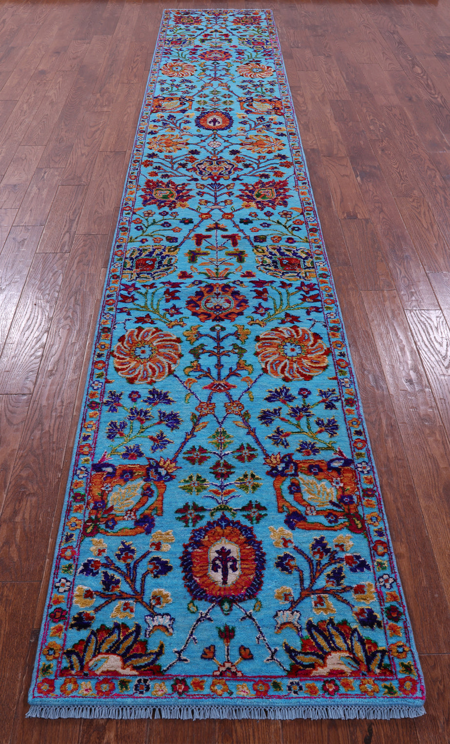 Blue Persian Tabriz Hand Knotted Wool & Silk Runner Rug - 2' 7" X 15' 0" - Golden Nile