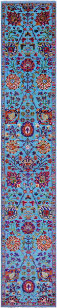 Blue Persian Tabriz Hand Knotted Wool & Silk Runner Rug - 2' 7" X 15' 0" - Golden Nile