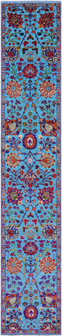 Blue Persian Tabriz Hand Knotted Wool & Silk Runner Rug - 2' 7