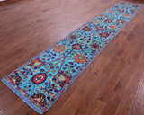 Blue Persian Tabriz Hand Knotted Wool & Silk Runner Rug - 2' 7" X 15' 0" - Golden Nile