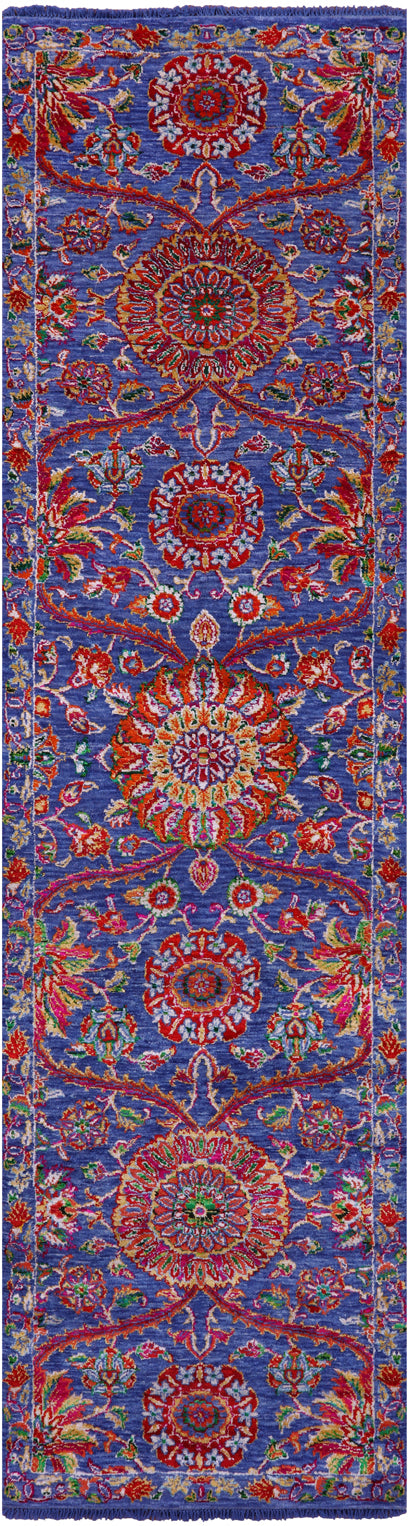 Blue Persian Tabriz Hand Knotted Wool & Silk Runner Rug - 2' 7" X 9' 11" - Golden Nile