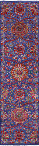 Blue Persian Tabriz Hand Knotted Wool & Silk Runner Rug - 2' 7