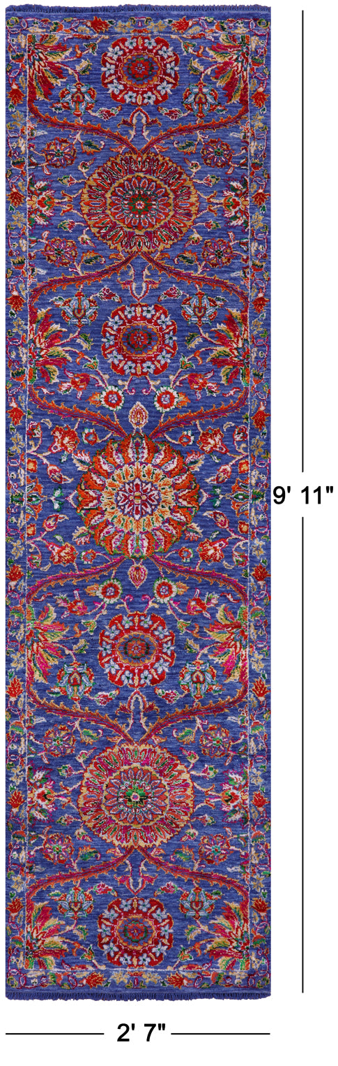 Blue Persian Tabriz Hand Knotted Wool & Silk Runner Rug - 2' 7" X 9' 11" - Golden Nile