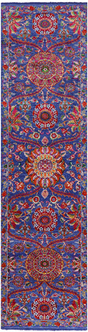 Blue Persian Tabriz Handmade Wool & Silk Runner Rug - 2' 7