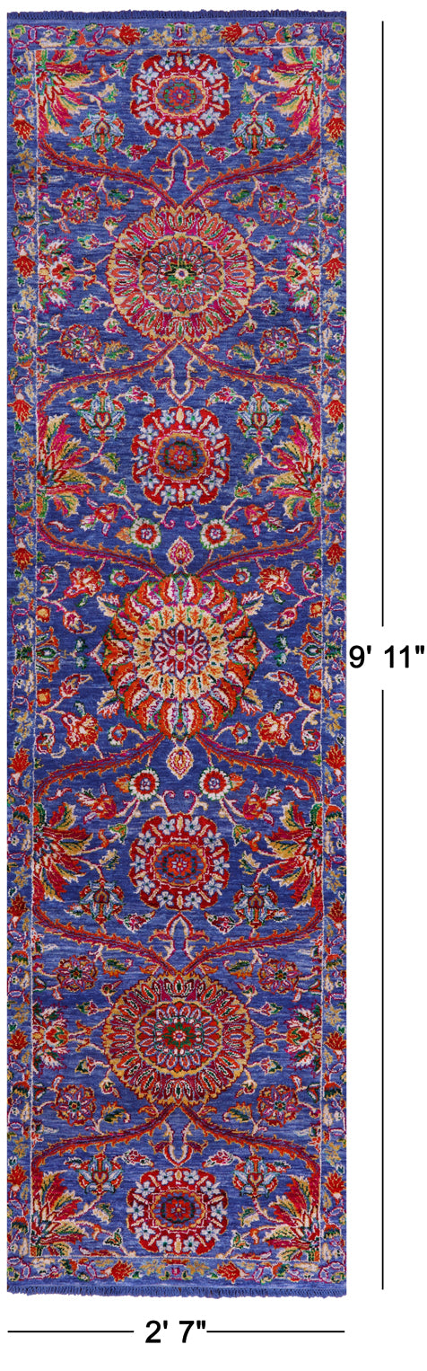 Blue Persian Tabriz Handmade Wool & Silk Runner Rug - 2' 7" X 9' 11" - Golden Nile