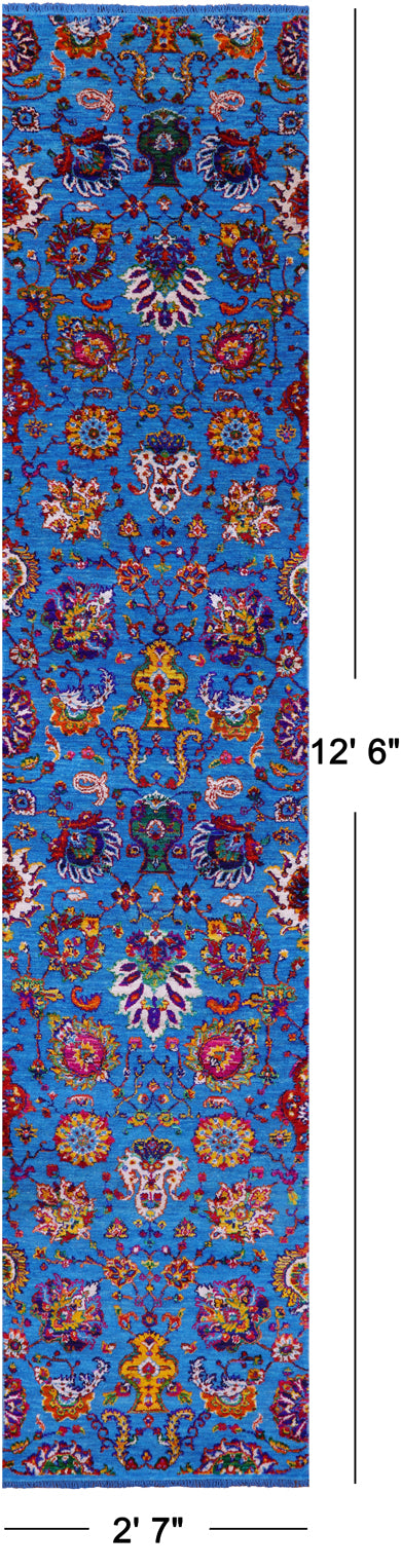 Blue Persian Tabriz Hand Knotted Wool & Silk Runner Rug - 2' 7" X 12' 6" - Golden Nile