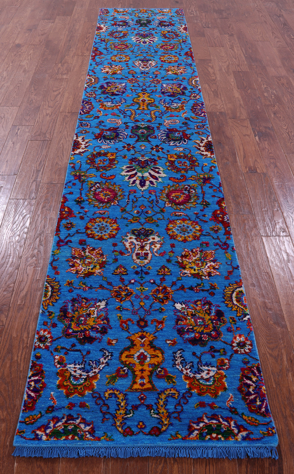 Blue Persian Tabriz Hand Knotted Wool & Silk Runner Rug - 2' 7" X 12' 6" - Golden Nile