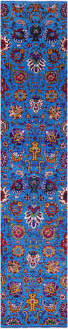 Blue Persian Tabriz Hand Knotted Wool & Silk Runner Rug - 2' 7